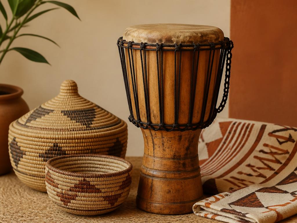 Traditional Ugandan drum with woven baskets and barkcloth