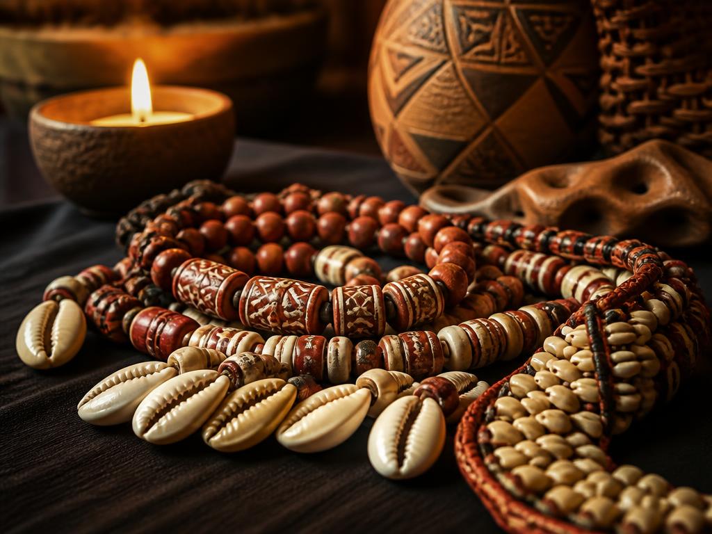 Traditional spiritual beads and cowrie shells by candlelight
