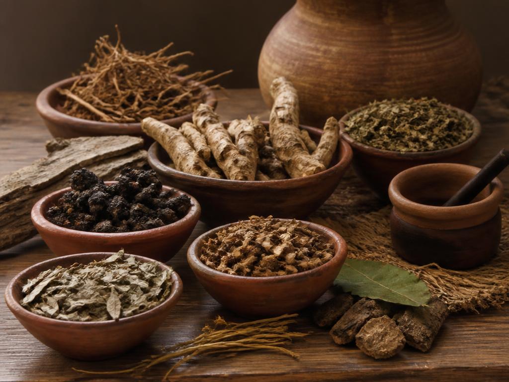 Dried herbs and roots used in traditional healing preparations