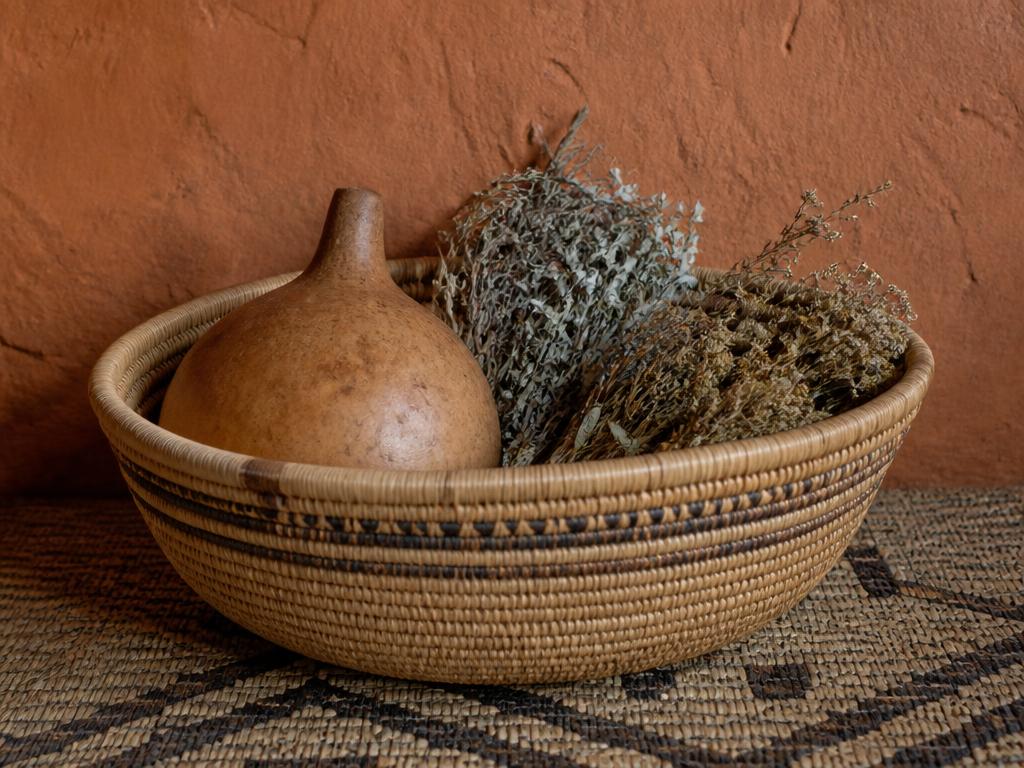 Woven basket with calabash and dried herbs