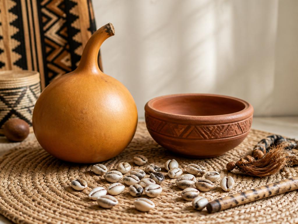 Traditional calabash, cowrie shells and clay bowl on a woven mat